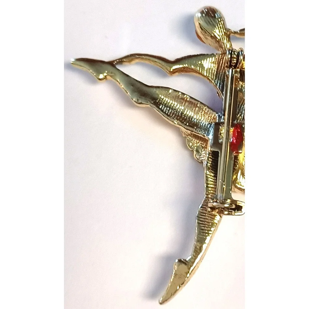 Ballerina Dancer Brooch Pin Gold Tone Red Enamel Rhinestone Faux Pearl Accent